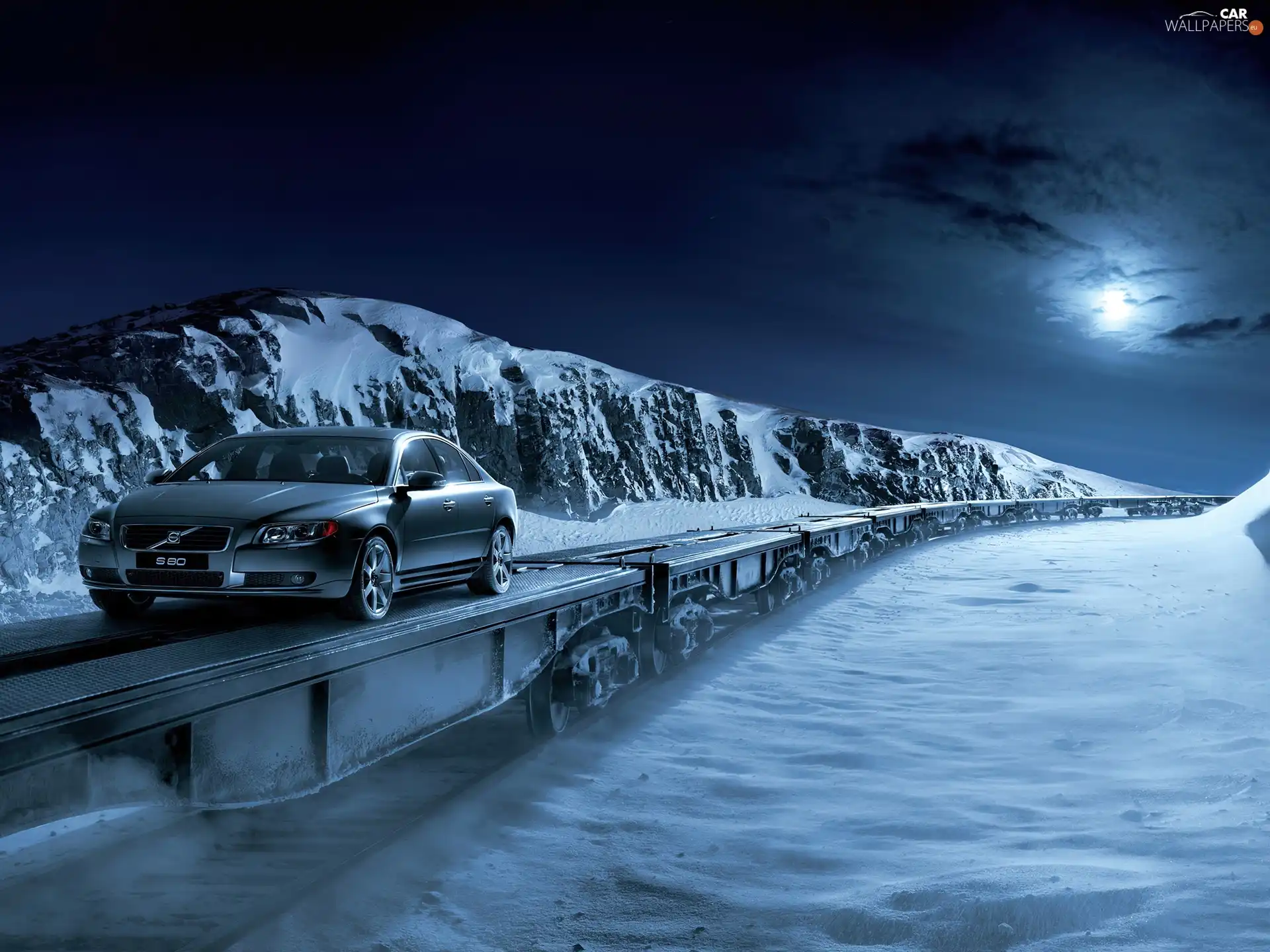 Mountains, Night, S80, winter, Volvo